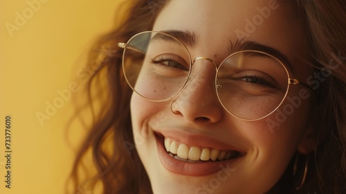 A young woman with a radiant smile wearing round glasses and a yellow top set against a warm blurred background.