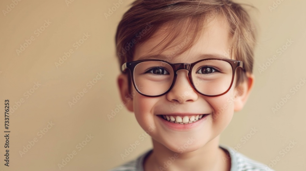 Smiling young boy with glasses and short brown hair against a beige background. Smiling young boy with glasses and short brown hair against a beige background.
