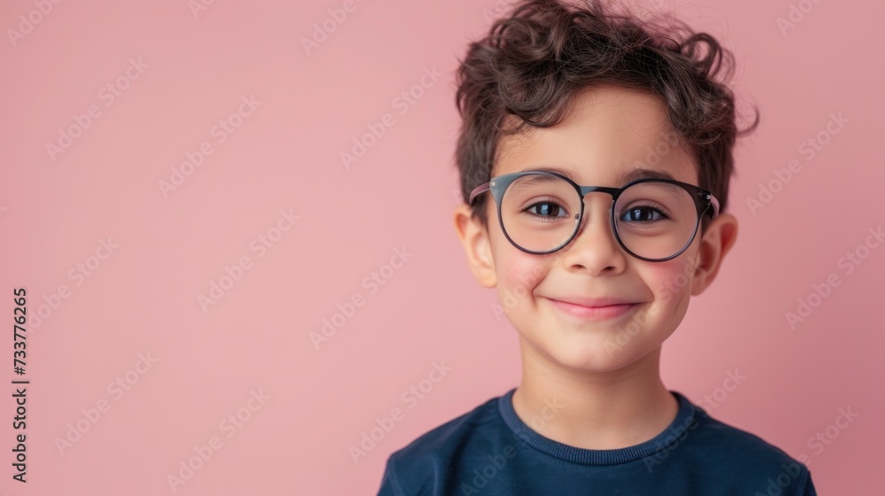 Young boy with curly hair wearing glasses smiling against a pink background. Young boy with curly hair wearing glasses smiling against a pink background.