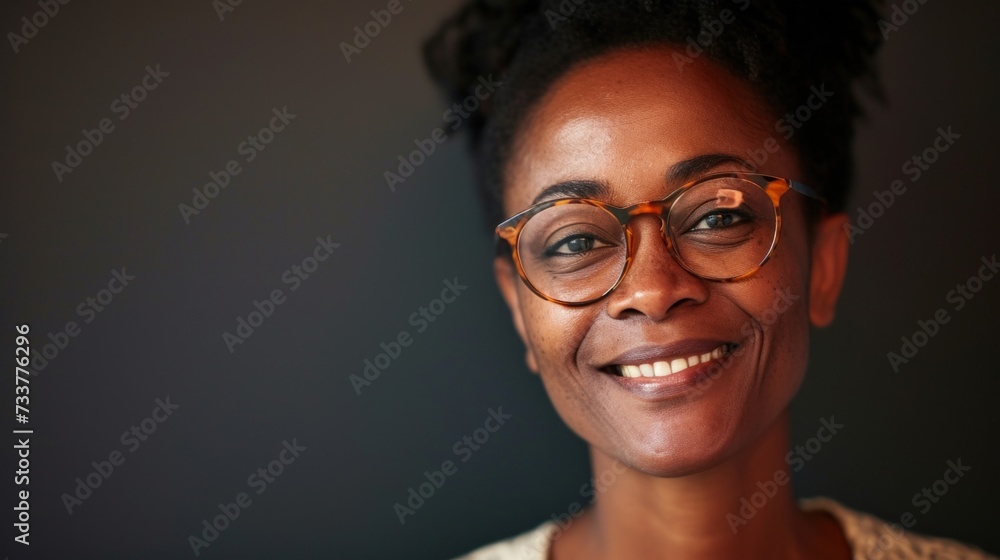 A woman with a warm smile wearing glasses and a light-colored top set against a dark background. A woman with a warm smile wearing glasses and a light-colored top set against a dark background.