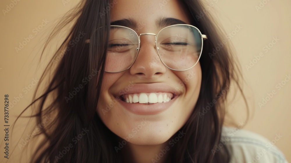 Smiling woman with closed eyes wearing glasses and long dark hair. Smiling woman with closed eyes wearing glasses and long dark hair.