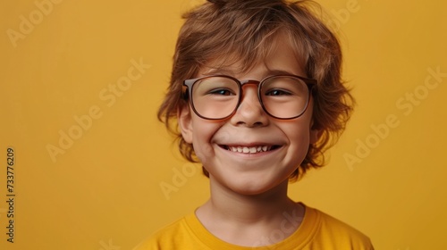 A cheerful young boy with glasses wearing a yellow shirt smiling against a bright yellow background.