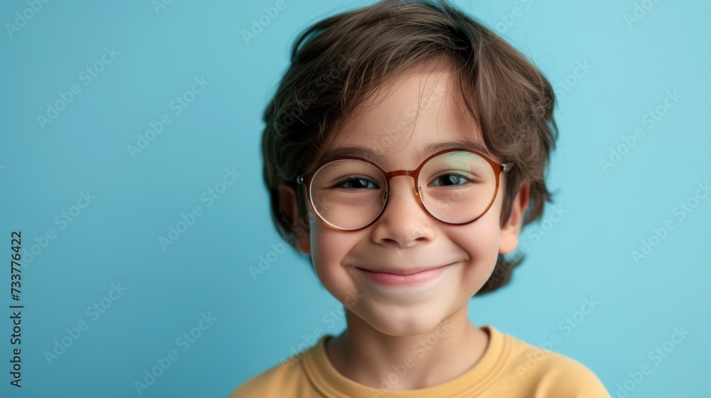 A young child with a joyful expression wearing round glasses and a yellow shirt against a blue background. A young child with a joyful expression wearing round glasses and a yellow shirt against a blue background.