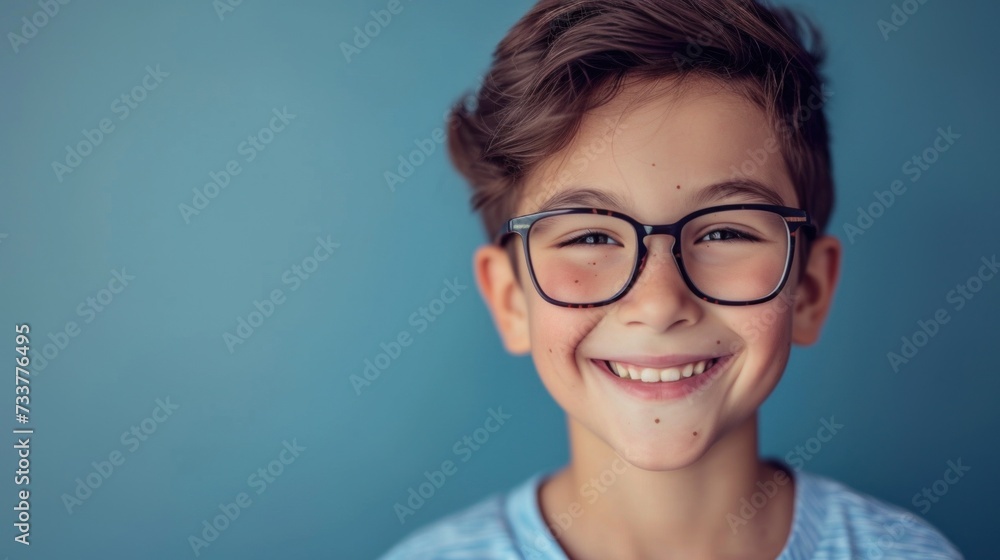 Smiling young boy with glasses against blue background. Smiling young boy with glasses against blue background.