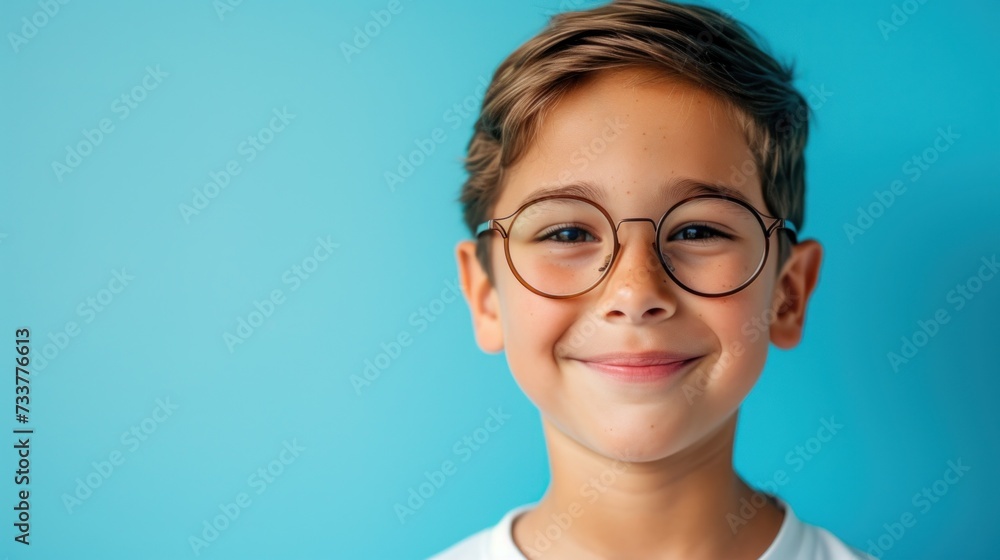 Smiling young boy with glasses and short hair against a blue background. Smiling young boy with glasses and short hair against a blue background.