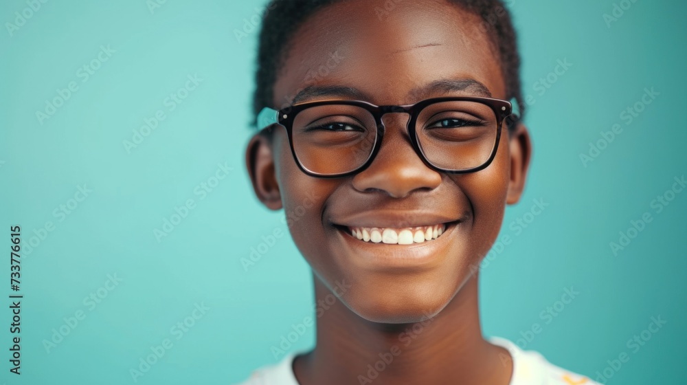 A young person with a bright smile wearing glasses against a blue background. A young person with a bright smile wearing glasses against a blue background.