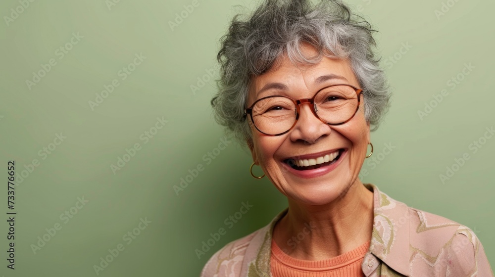 Smiling elderly woman with gray hair and glasses wearing a patterned blouse with a pink collar against a green background.