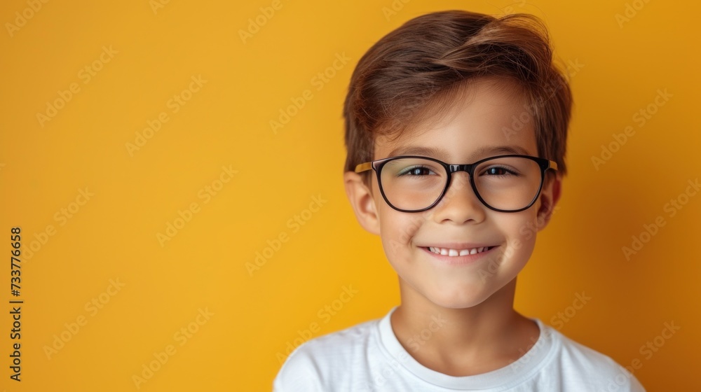 Young boy with glasses smiling against a bright yellow background. Young boy with glasses smiling against a bright yellow background.