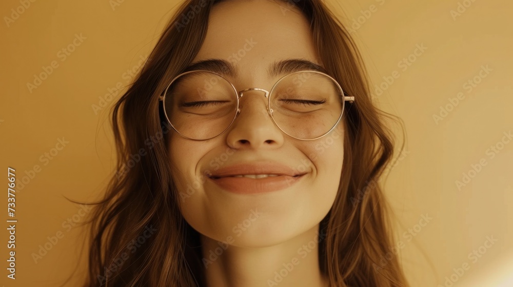 A young woman with closed eyes wearing round glasses and smiling gently with soft wavy hair and a warm golden-yellow background. A young woman with closed eyes wearing round glasses and smiling gently with soft wavy hair and a warm golden-yellow background.