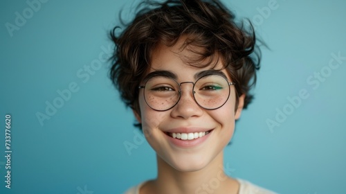 Young person with curly hair wearing glasses smiling against a blue background.