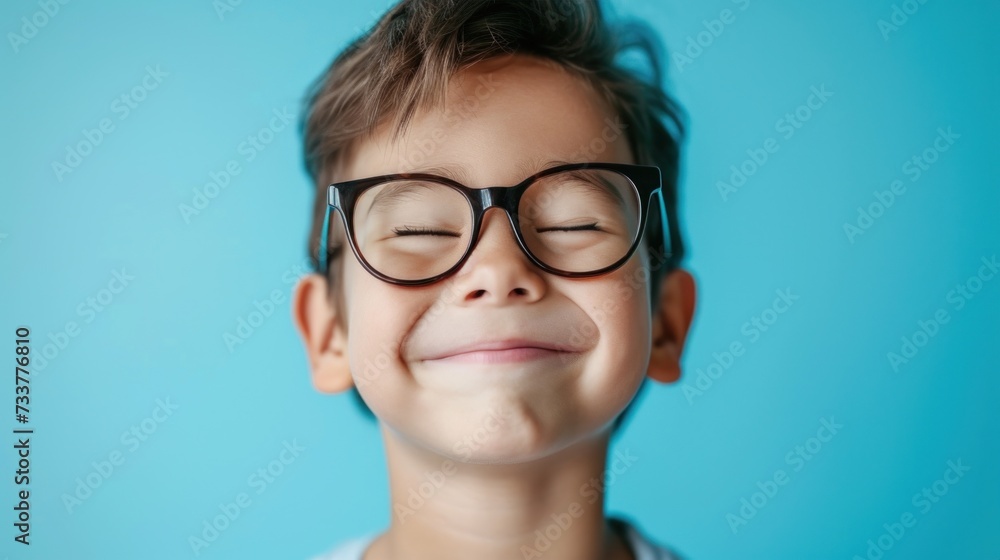 A young boy with a joyful expression wearing glasses and smiling with his eyes closed against a blue background. A young boy with a joyful expression wearing glasses and smiling with his eyes closed against a blue background.