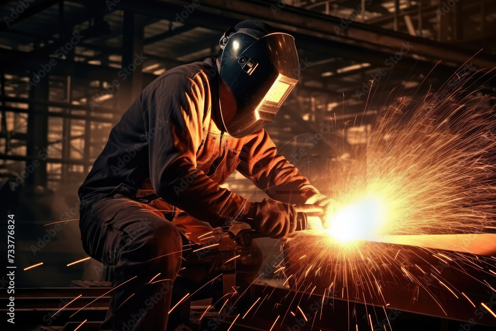 Two welders in working coverall are working on pipe welding. Two handymen welding and grinding at their workplace plant they wear a protective helmet and equipment. Industry steel work Two welders in working coverall are working on pipe welding. Two handymen welding and grinding at their workplace plant they wear a protective helmet and equipment. Industry steel work
