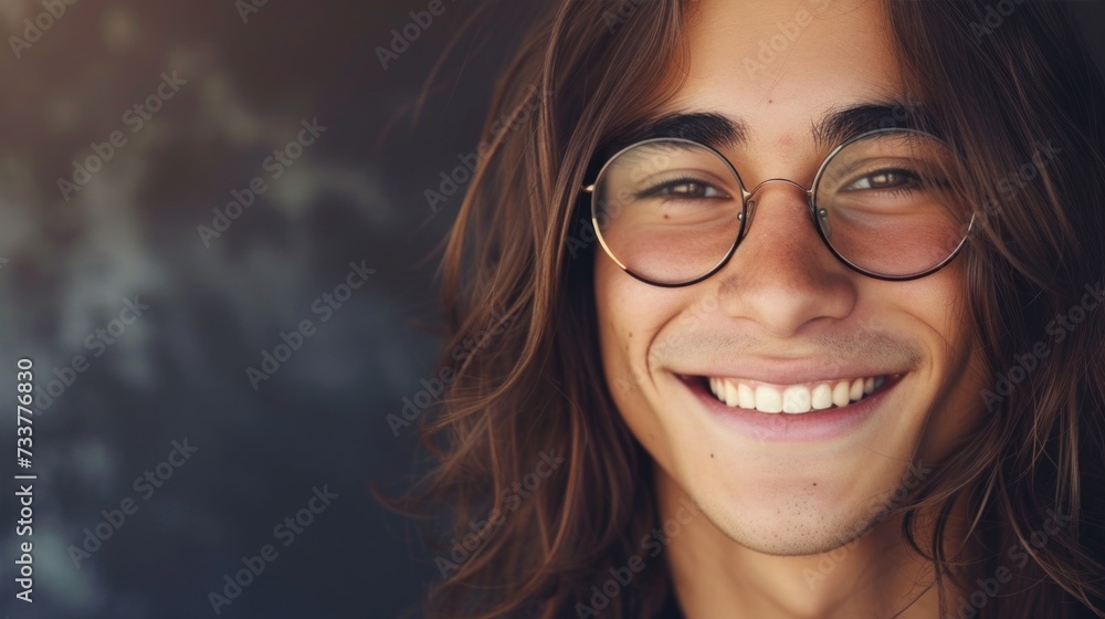 A young man with long hair and glasses smiling at the camera with a warm and inviting expression.