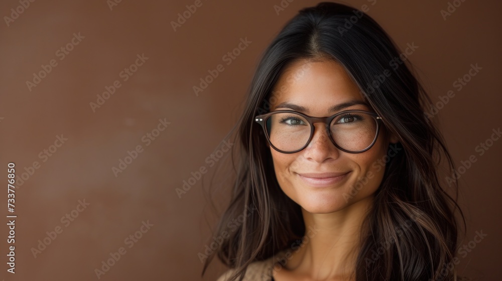 A woman with dark hair and glasses smiling at the camera against a brown background.