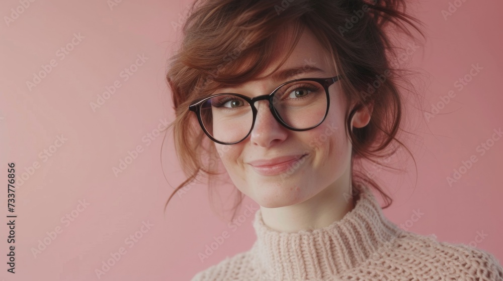 Young woman with glasses and a warm smile wearing a cozy pink turtleneck against a soft pink background.