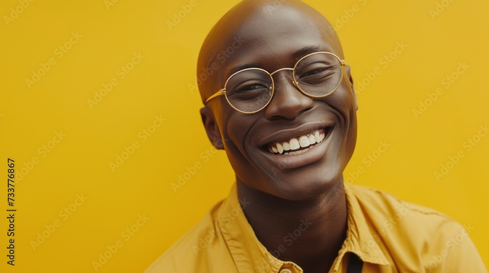 Smiling bald man with glasses and yellow shirt against yellow background. Smiling bald man with glasses and yellow shirt against yellow background.
