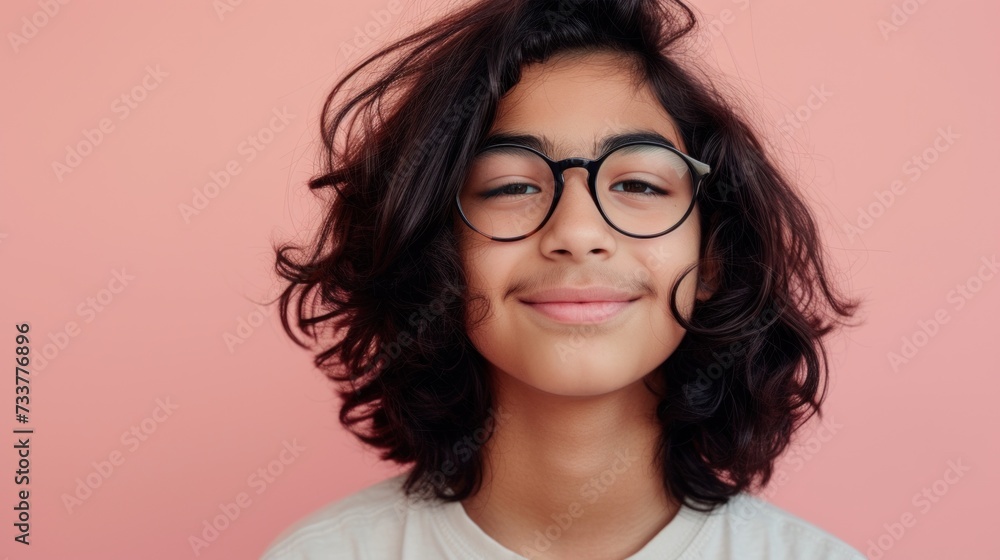 Young person with curly hair and glasses smiling against a pink background.