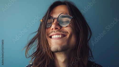 Happy man with long hair, wearing round glasses, smiling broadly against a blue background.