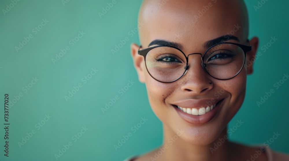 Smiling woman with glasses and short hair against a teal background. Smiling woman with glasses and short hair against a teal background.