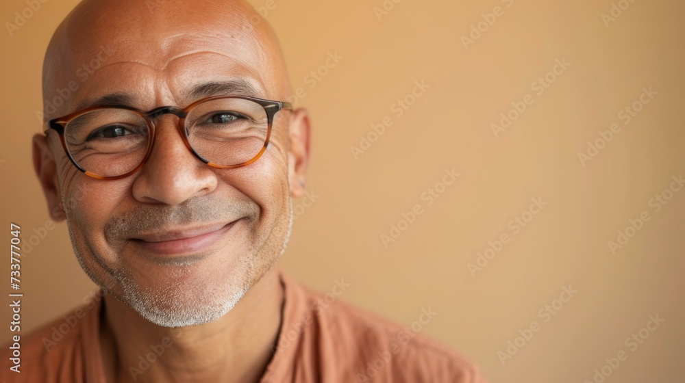 Smiling bald man with glasses and gray beard wearing orange shirt against beige background.