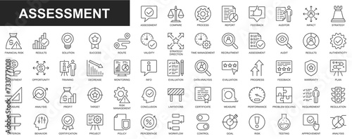 Assessment web icons set in thin line design. Pack of process, report, feedback, auditor, solution, strategy, time management, decrease, result, data analysis, other. Outline stroke pictograms