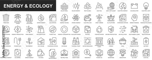 Energy and ecology web icons set in thin line design. Pack of solar panel, recyclable, gas fuel, save planet, accumulator, trash bin, factory pollution, eco and other. Outline stroke pictograms