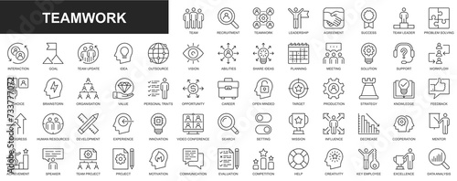 Teamwork web icons set in thin line design. Pack of team, recruitment, leadership, agreement, success, leader, problem solving, interaction, goal, idea, vision, other. Outline stroke pictograms
