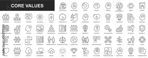 Core values web icons set in thin line design. Pack of charity, empathy, passion, social responsibility, vision, leadership, reputation, strategy, influence, other. Outline stroke pictograms photo