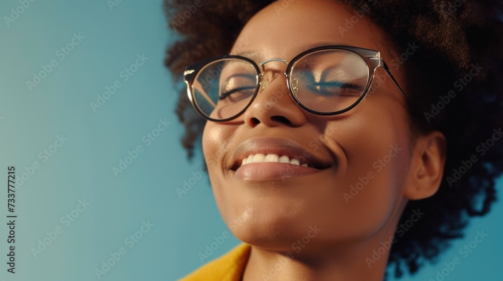 Smiling woman with curly hair and glasses looking up with closed eyes against a blue background. Smiling woman with curly hair and glasses looking up with closed eyes against a blue background.