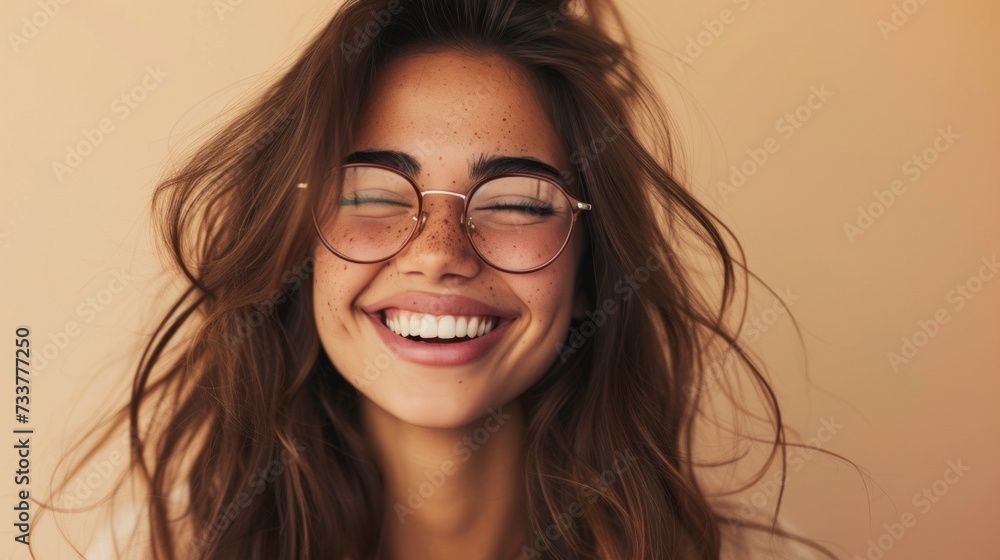 Smiling woman with glasses and freckles hair blowing in the wind against a soft-focus beige background.