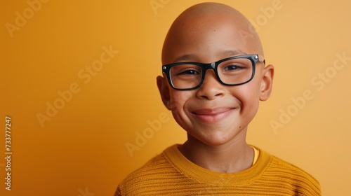Smiling child with glasses and bald head wearing yellow striped sweater against orange background.