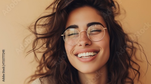 Smiling woman with closed eyes wearing glasses and her hair blowing in the wind.