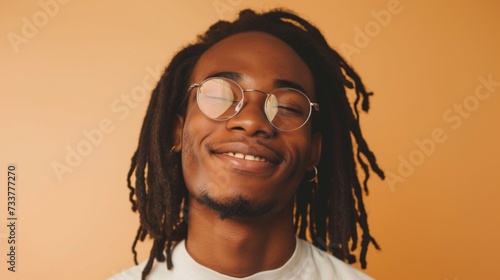 Smiling man with glasses and dreadlocks wearing white t-shirt against orange background.