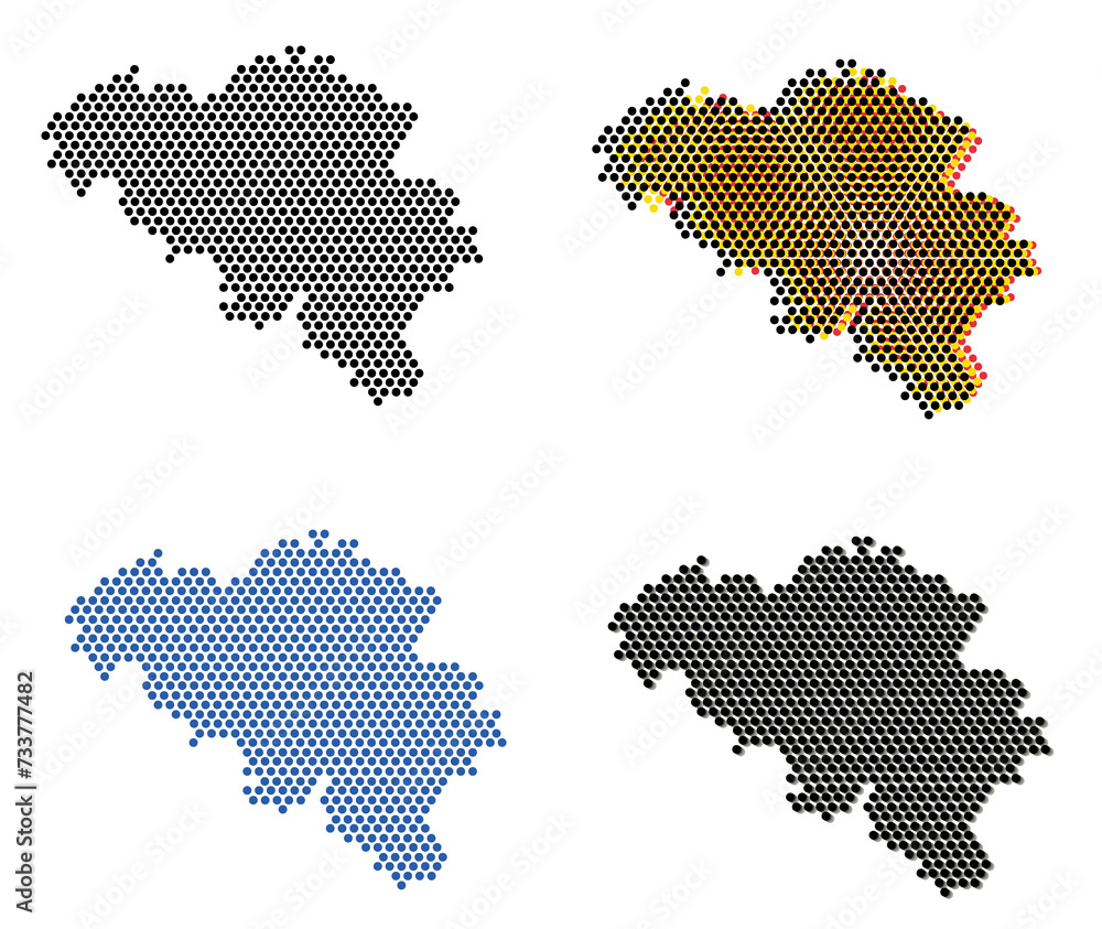 Umriss von Belgien mit Punkten, vier Varianten, in schwarz, blau, mit Schatten und in Landesfarben