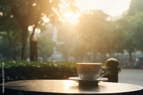 coffee cup on cafe table with evening park, sunlight, and empty space. Generative AI