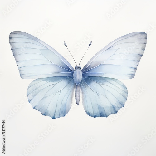 A delicate watercolor illustration of a wild butterfly with intricate wing patterns, portrayed in soft hues against a white background. 