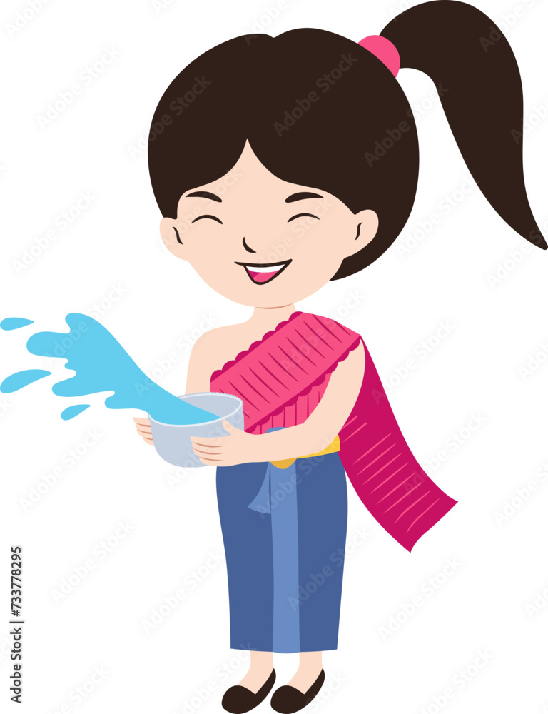 Songkran Festival Cute Girl Thai Kids Splashing Water In Water Bowl Illustration Songkran Festival Cute Girl Thai Kids Splashing Water In Water Bowl Illustration