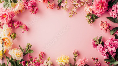 A beautiful variety of flowers on a pastel pink background with space for weaving in the center. Flat lay, top view. photo