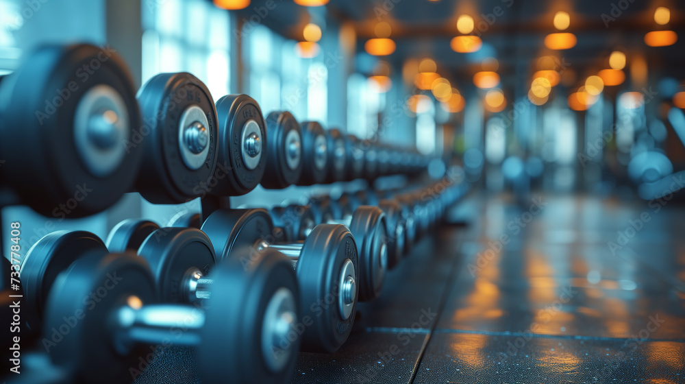 Dumbbells on rack in gym background close up look Dumbbells on rack in gym background close up look