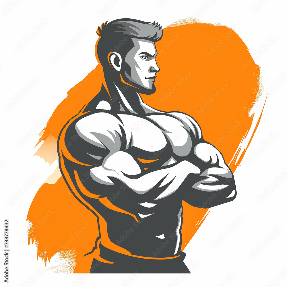 Gym guy fitness logo flat illustration. Orange brush shape and white isolated background Gym guy fitness logo flat illustration. Orange brush shape and white isolated background