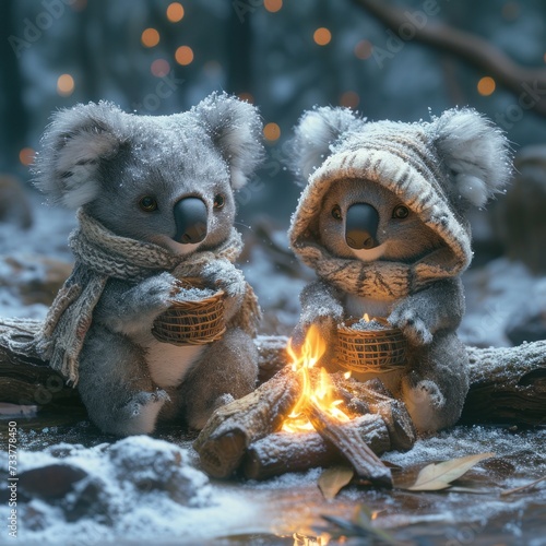 Cute koala lighting a campfire in winter with the concept of introversion  solitude  pairing and love. Good to use for animal lovers  shops  blogs  websites etc. Generative Ai