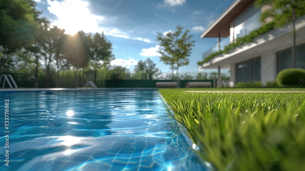 A swimming pool background and grass residential zone daylight in the shade a building next to. Generative AI.