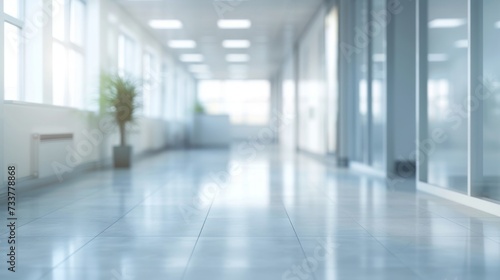 Bright and modern office corridor with sunlight streaming through glass doors  creating a welcoming business environment.