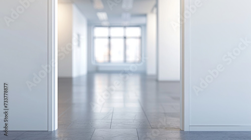 Bright and modern office corridor with sunlight streaming through glass doors, creating a welcoming business environment.