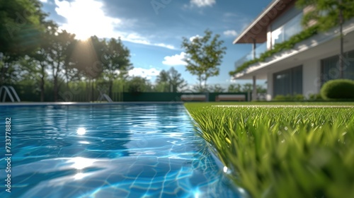 A swimming pool background and grass residential zone daylight in the shade a building next to. Generative AI. © visoot