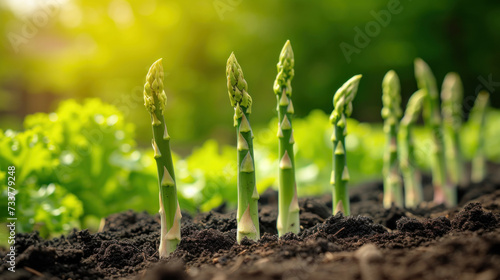 Asparagus shoots grow from the soil. Background with green pods of asparagus growing in open ground. Healthy organic food, agriculture photo