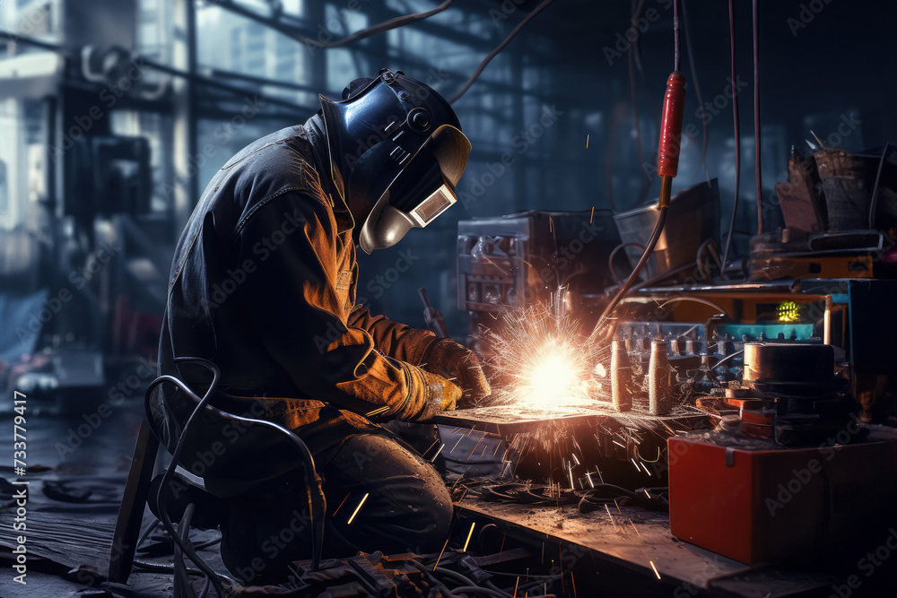Two welders in working coverall are working on pipe welding. Two handymen welding and grinding at their workplace plant they wear a protective helmet and equipment. Industry steel work Two welders in working coverall are working on pipe welding. Two handymen welding and grinding at their workplace plant they wear a protective helmet and equipment. Industry steel work