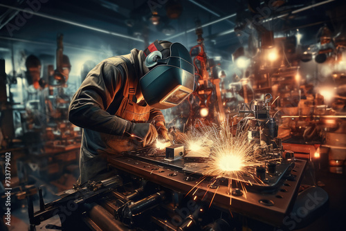 Two welders in working coverall are working on pipe welding. Two handymen welding and grinding at their workplace plant they wear a protective helmet and equipment. Industry steel work photo