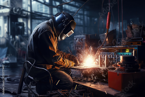 Two welders in working coverall are working on pipe welding. Two handymen welding and grinding at their workplace plant they wear a protective helmet and equipment. Industry steel work