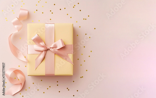 A beautiful yellow giftbox with a pastel pink bow on a pink color background with copyspace sequences of confetti and ribbons.
